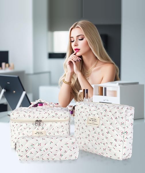 3 Pieze Beauty Case Da Viaggio Morbida Grande Makeup Bag, Pochette Donna Trucchi Ciliegio - 2