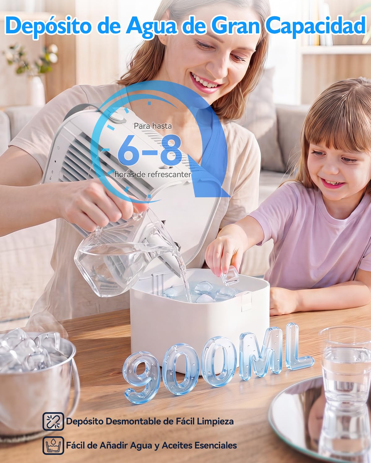 Refroidisseur d'air 4 en 1, mini climatiseur portable avec réservoir 900 ml, 3 vitesses, 2 modes de nébulisation, minuterie 2H/4H, oscillation 90°, USB-C, 7 lumières LED, idéal pour chambre/bureau