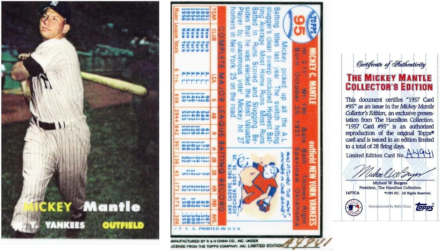 Mickey Mantle New York Yankees 1957 Topps #95 Ceramic Baseball Card W/COA - Slabbed Baseball Cards