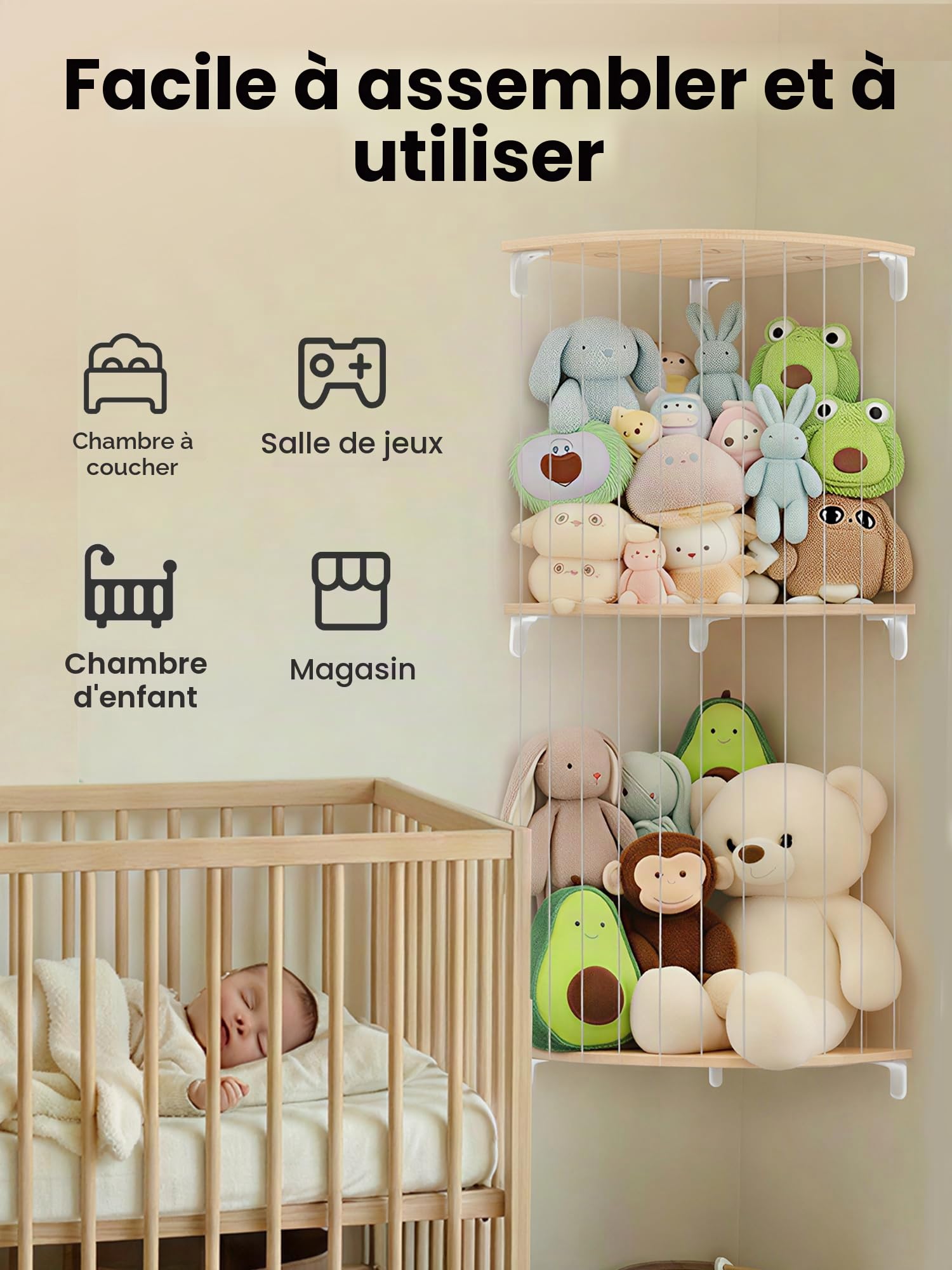 SUNMON Rangement Peluches Enfant, Rangement Peluche Mural, Hauteur Réglable de 110 à 180 cm, Conception à 2 Couche avec Sangles Elastiques, Étagère Murale pour Ranger Peluches