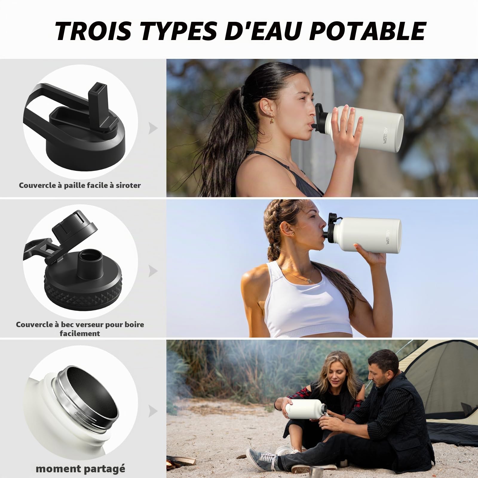 WATERSY 64oz Gourde d'eau isotherme en acier inoxydable avec 2 couvercles, étanche (couvercle à paille et couvercle à bec verseur), garde les boissons froides pendant 24 heures - Pour le sport 1890ML