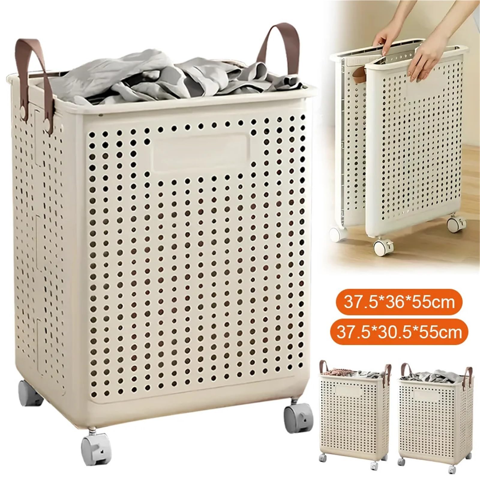 Cesto Portabiancheria Con Ruote Cesto pieghevole for vestiti sporchi senza coperchio, portabiancheria for uso domestico in dormitorio, grande capacità con puleggia(XL 37.5x36x55cm)