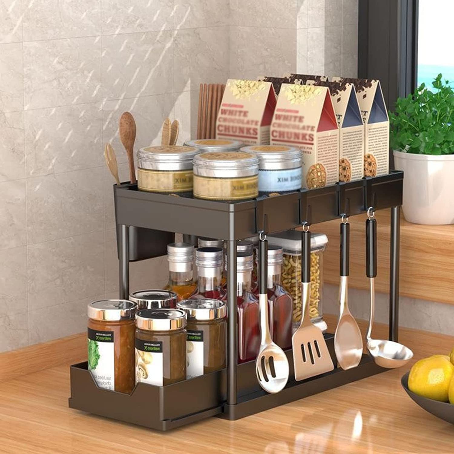 Mehrzweck-Aufbewahrung unter der Spüle, verschiebbar, 2-stöckig, Küchen-Organizer für Küche, Badezimmer, Schlafzimmer, Büro, unter der Spüle, Aufbewahrungs-Organizer mit 4 Haken, Regal unter der Spü