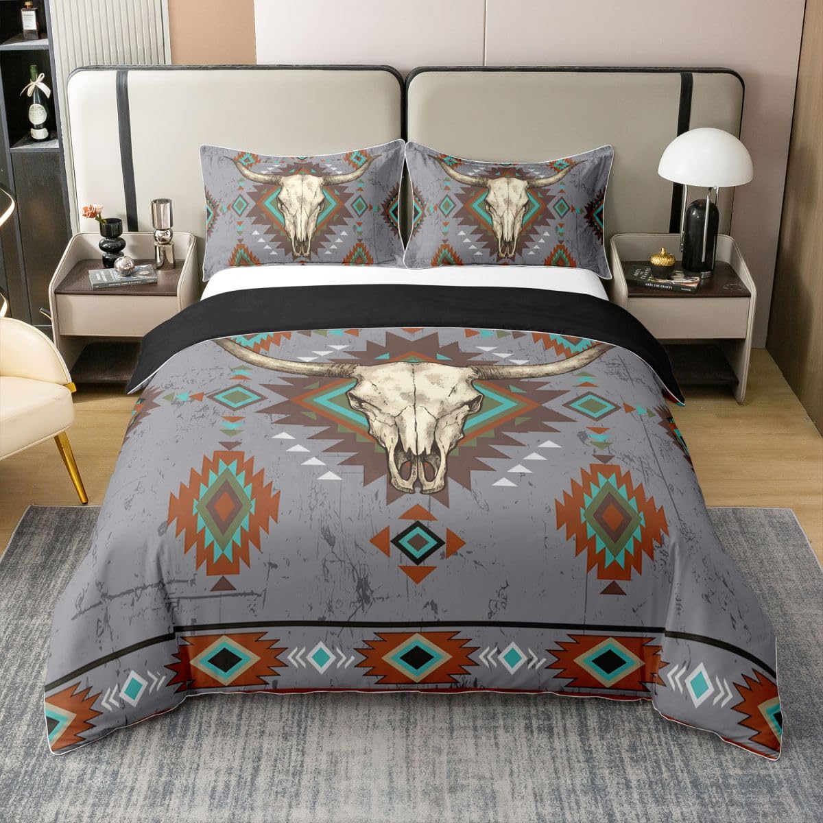 Parure de lit en coton 220x240 lavable motif crâne longhorn