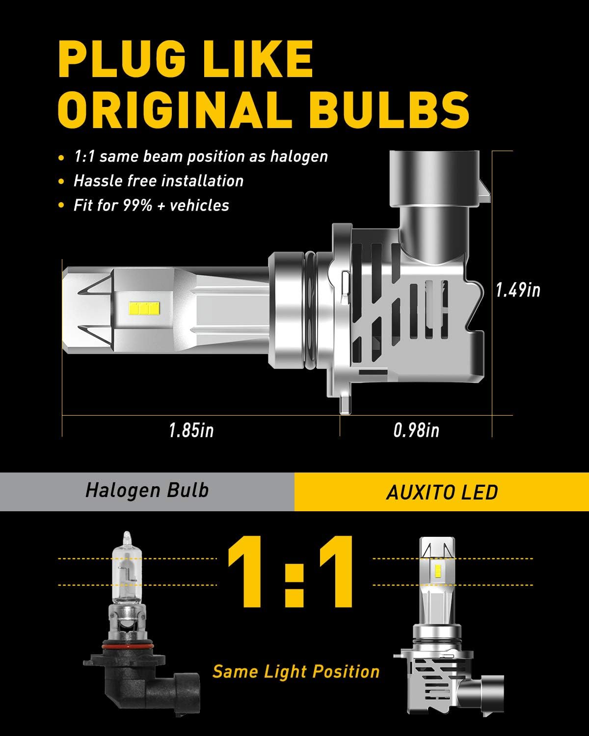 Diagram comparing the physical size of an AUXITO LED bulb to a traditional halogen bulb, showing similar dimensions for easy replacement.