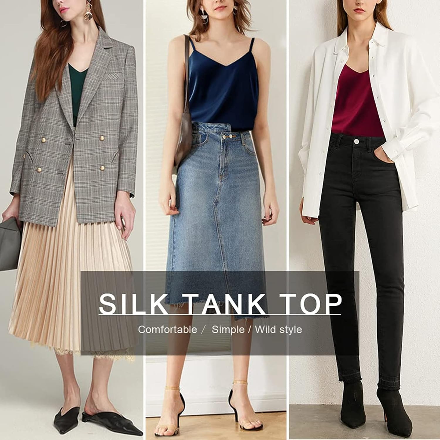 Ekouaer 3 Pack: Womens Silk Satin Tank Top V Neck Camisole Cami Spaghetti Strap Top Loose Sleeveless Blouses Tank Shirt - Image 4