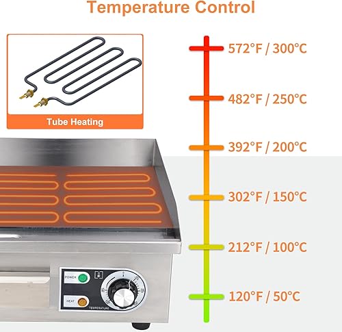 Miniatura 5 de Plancha eléctrica comercial, plancha eléctrica de 14 pulgadas, 1600 W, 110 V, antiadherente, parrilla Teppanyaki de acero inoxidable, temperatura