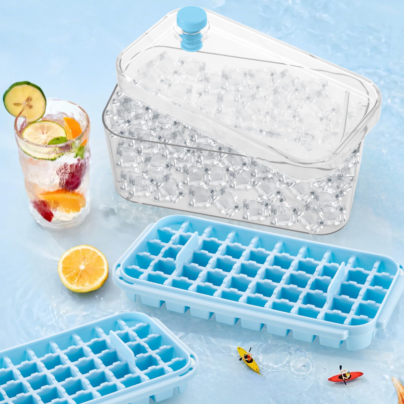 Eiswürfelform,150 Stück Eiswürfel, Eiswürfelbehälter mit Deckel und Behälter, einfaches Drücken, um das Eis zu lösen, Kühlen von Kaffee, Cocktail, Whiskey,3 Schalen, 1 Eiskübel und Schaufel （Blau）