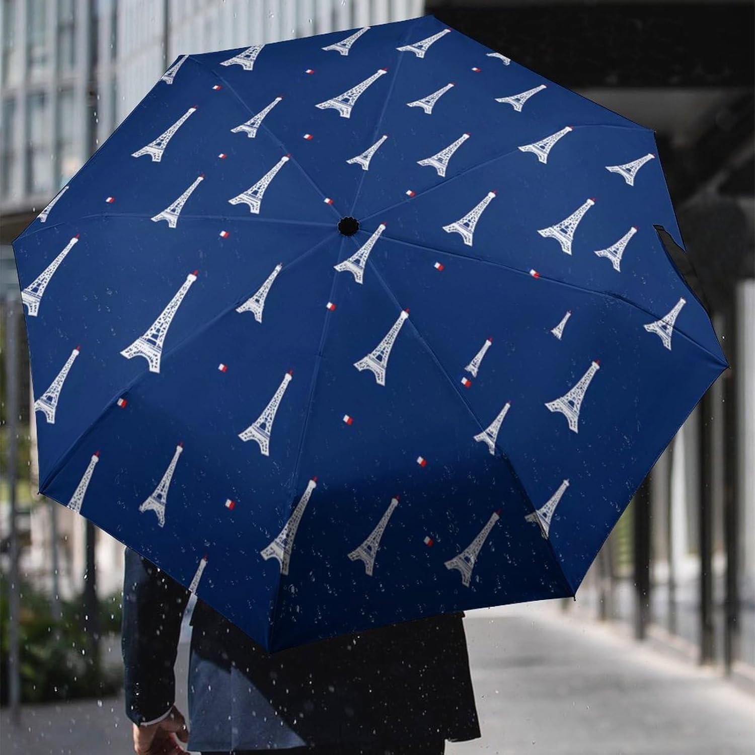 Eiffel Tower France Flag Portable 3 Folding Travel Umbrella for Rain Auto Open And Close Lightweight Packable