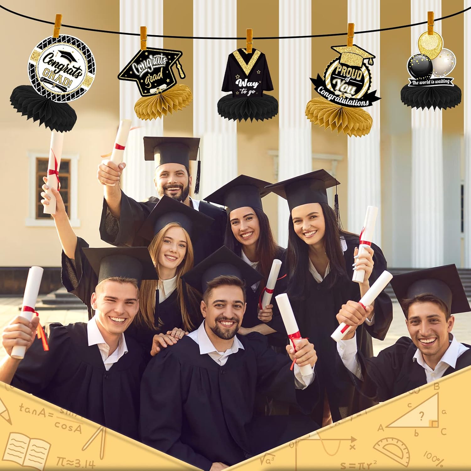 Graduation Party Decorations 9PCS Graduation Centerpieces for Tables 2025 Grad Table Decorations Congrats Honeycomb Table Centerpiece Grad Table Toppers Graduation Party Favors Supplies (Black Gold)