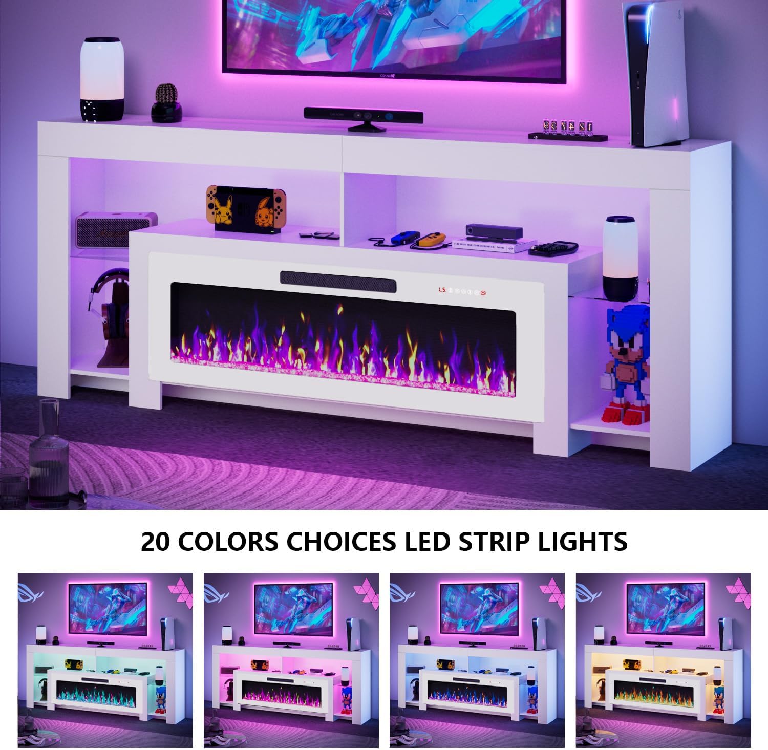Pretzi Fireplace TV Stand with 50" Electric Fireplace Up to 90" TVs, 80" Entertainment Center with 20 Color LED Lights, Modern Wood TV Media Console with Storage for Living Room, White+White