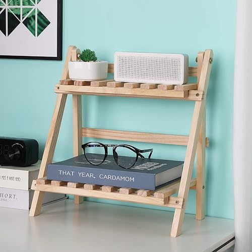 Miniatura 7 de Organizador de almacenamiento de escritorio de 2 pasos, soporte plegable de 2 niveles, estante de exhibición de madera, estante de almacenamiento