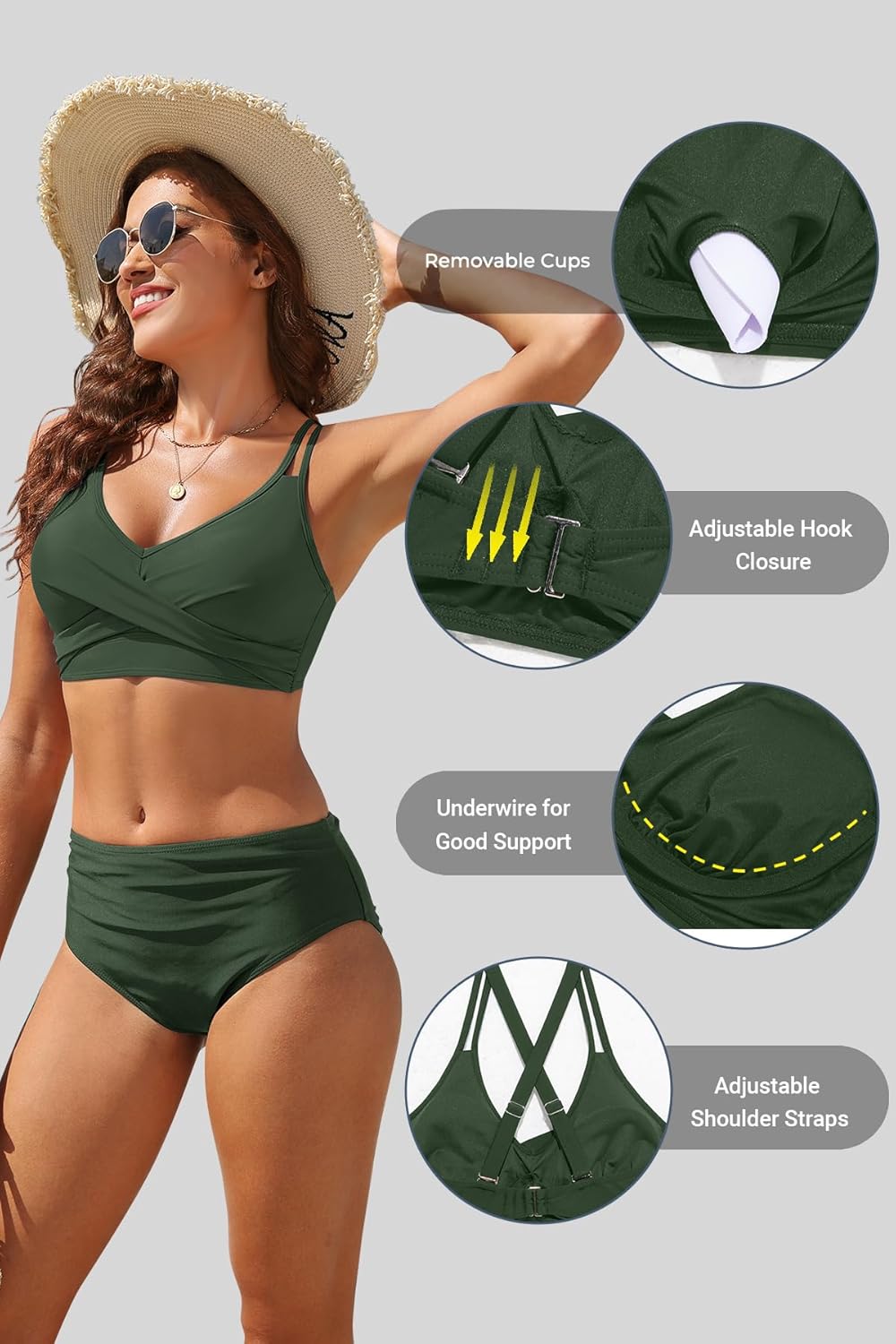 Olive Green Women's Underwire Bikini Top - Twist Front Bathing Suit Top 2025 Push Up Swimsuit M - Image 3