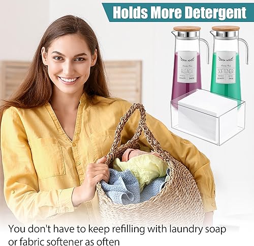 Miniatura 5 de Hushee 2 botellas dispensadoras de detergente acrílico de 54 onzas con tapas, soporte para hojas de secadora transparente, contenedor de detergente