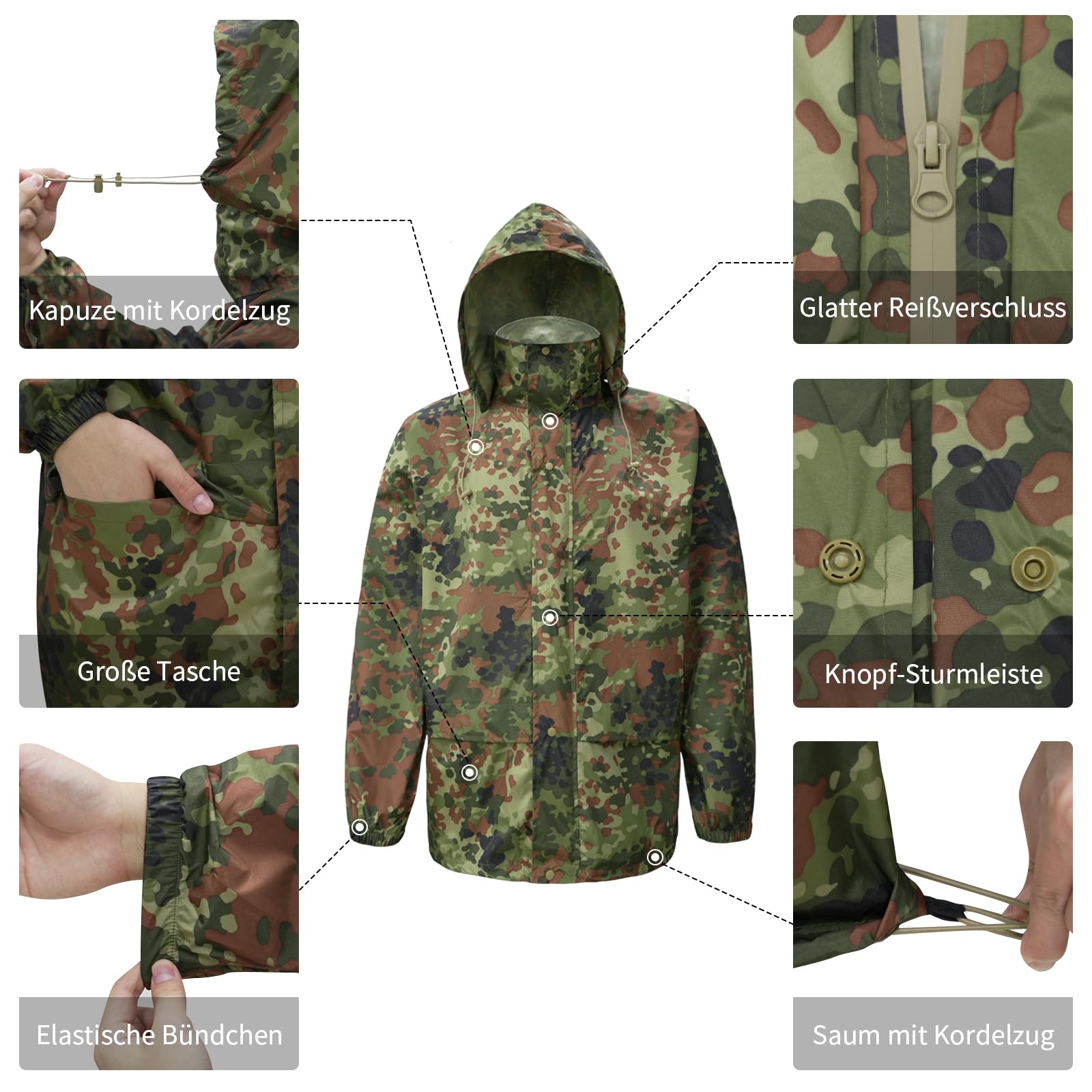 Regenanzüge für Männer Wasserdichtes Regenzeug Erwachsene Regenjacke Hose Atmungsaktiv Leichter Regenmantel Kapuze Jagd Tarnmuster