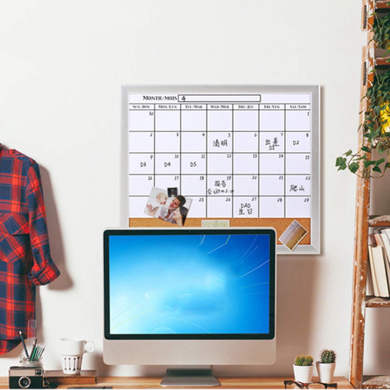 Del Calendario con Cornice in Lega di Alluminio Bacheca Combinata in Sughero per Ufficio Aula Dormitorio Familiare 52,7X45CM