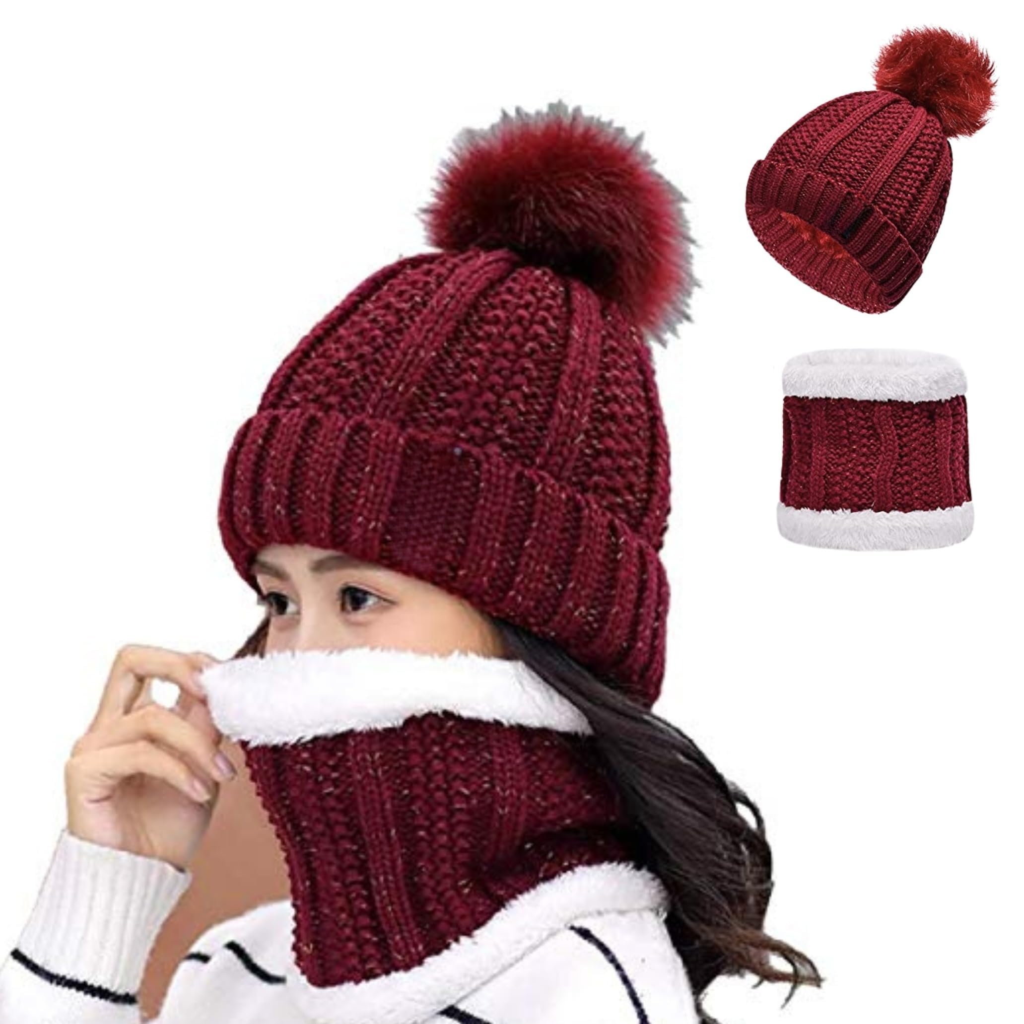 Womens Beanie Scarf Set Pompom Winter Beanies Neck Muffler Neckwarmer