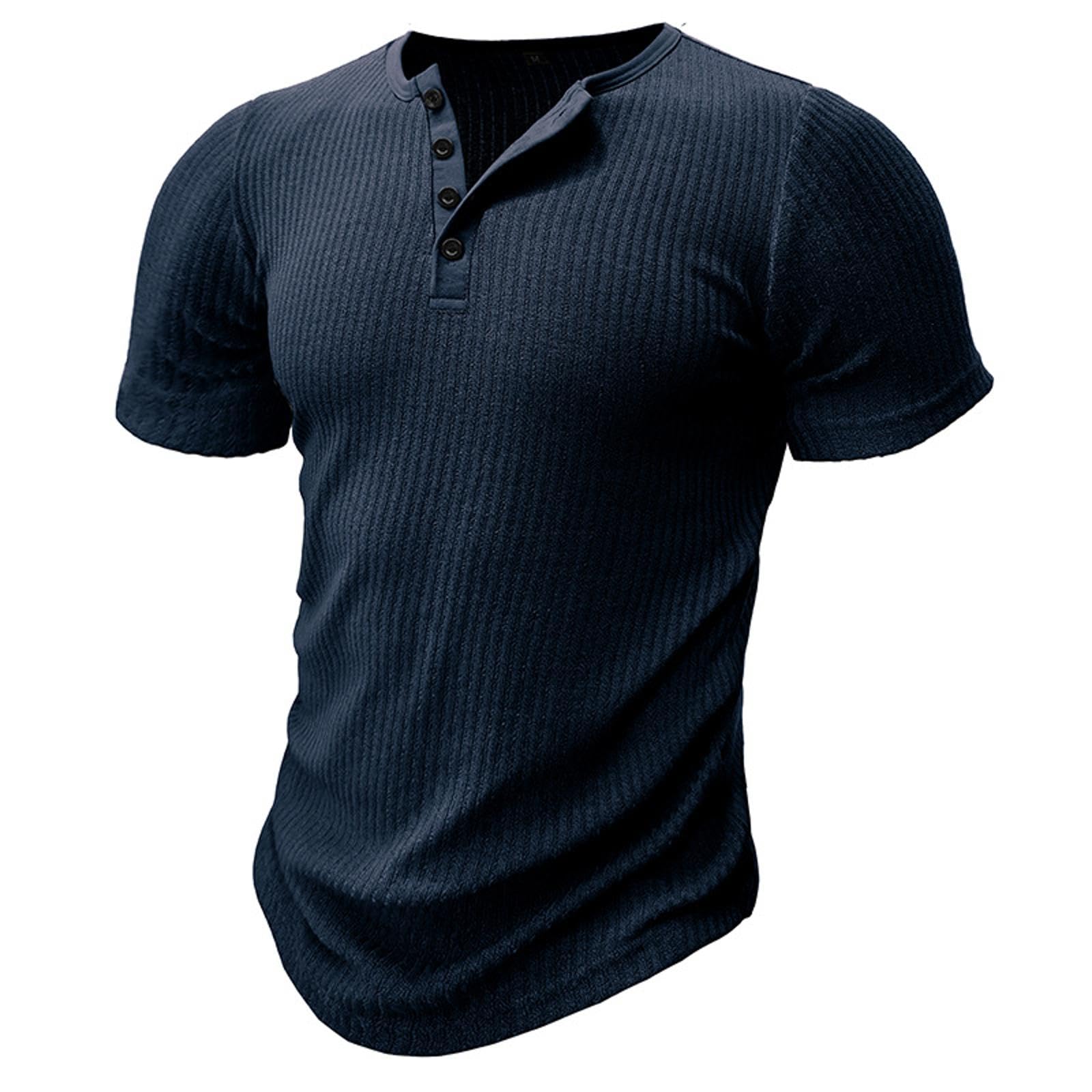 Men's Gym Sprts Fitness T Shirt Summer Solid Color Slim Fit Henley Collar Short Sleeve TShirts