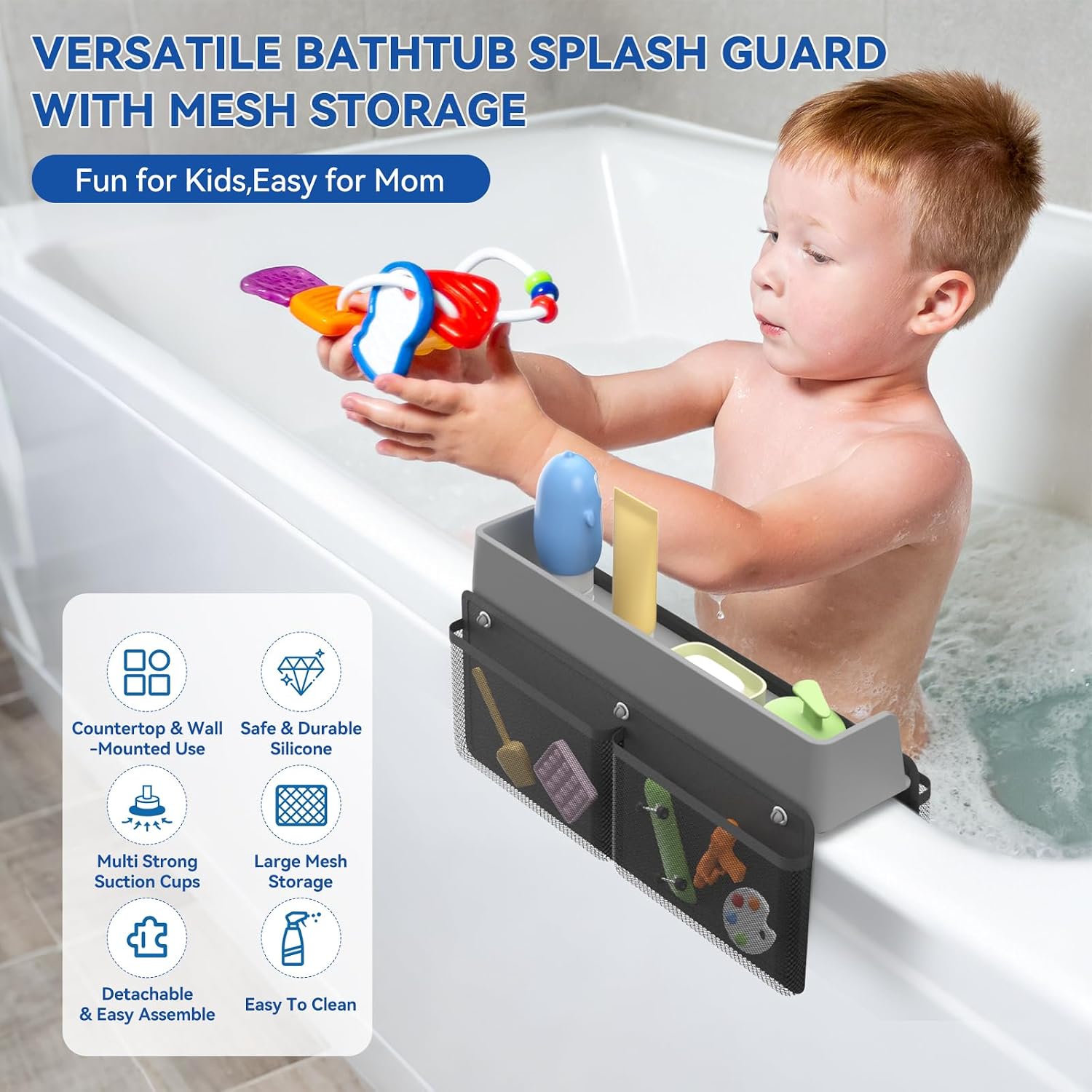 Silicone Bathtub Splash Guard 2-Pack with 10 Suction Cups & Hanging Mesh Shower Caddy, Tub Topper Splash Guard for Kids Bath Tub Water Guard Bathtub Ledge Guard with Detachable Mesh Shower Organizer