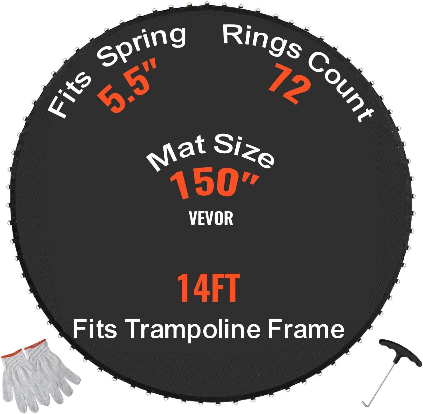 VEVOR Replacement Trampoline Mat, Jumping Mat Fits 12/13/14/15 ft Frame, Universal Jumping Round Trampoline, UV-Resistant Mat with Spring Tool & 72/80/92 V-Rings, Fit 5.5"/6.5"/7" Spring Length