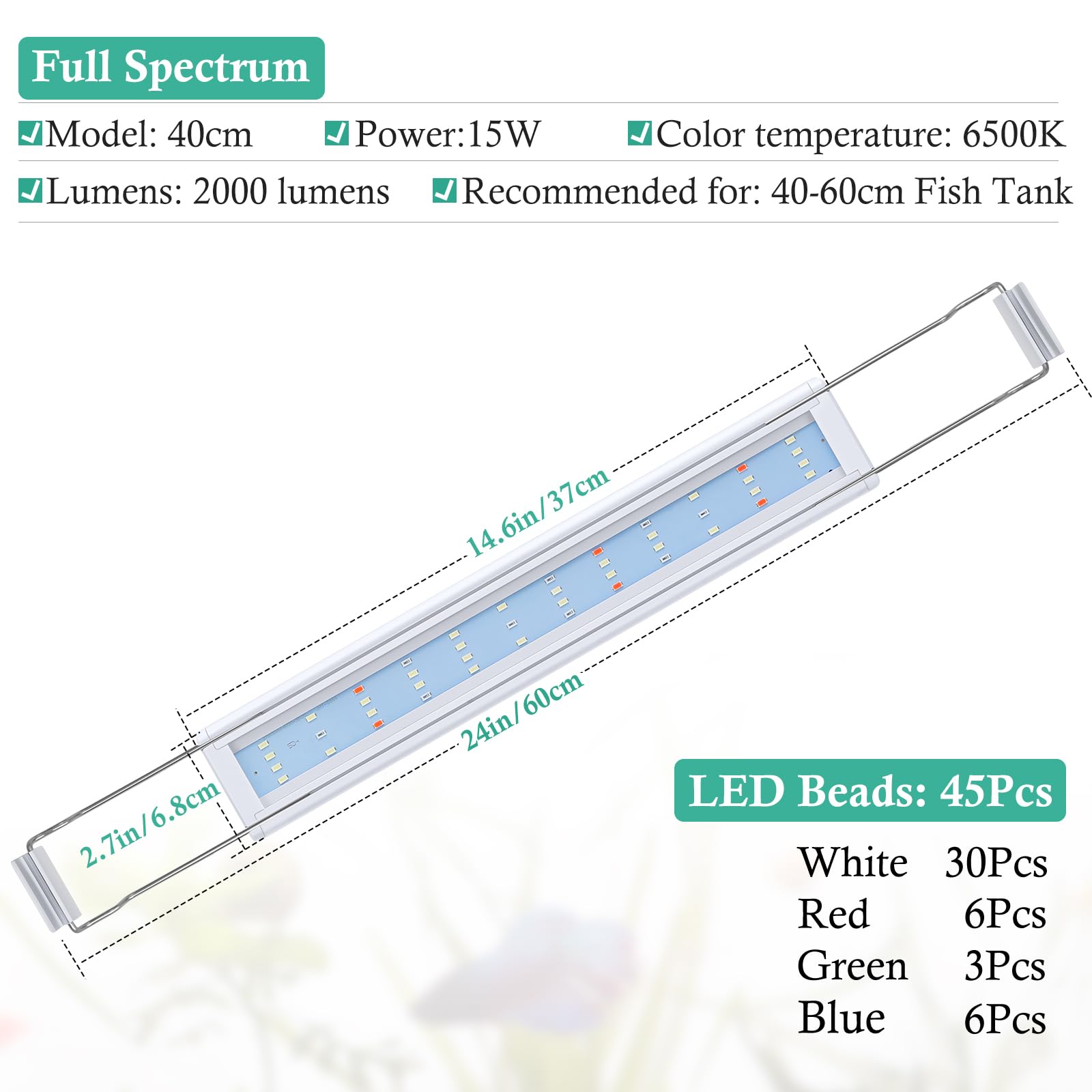 HITOP Full Spectrum LED Aquarium Light – 16-24” Classic Fish Tank Light with Timer, Aquarium Plant Light with Stable Extendable Brackets (16-24in) - image 2