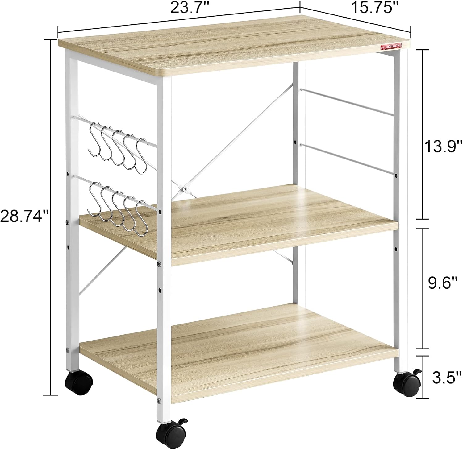 Mr IRONSTONE Baker's Rack, Kitchen Microwave Cart, Coffee Bar Table Station, 3-Tier Kitchen Utility Storage Shelf with Rolling Wheels Coffee Cart Kitchen Microwave Stand with 10 Hooks, Light Beige