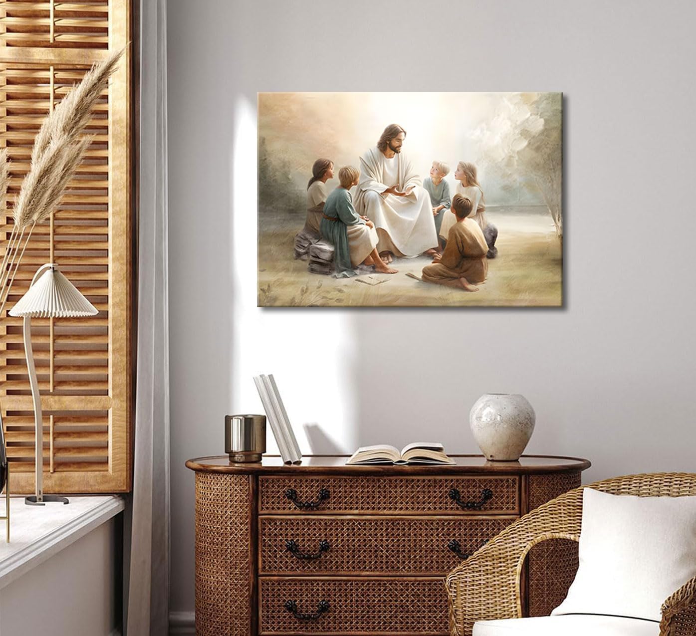 SUAXTCCR Jesus With Children Canvas Wall Art Jesus Teaching Children Watercolor Prints Religious Faith Wall Decor Pictures for Kids Room Bedroom Church Decorations, 16x24in