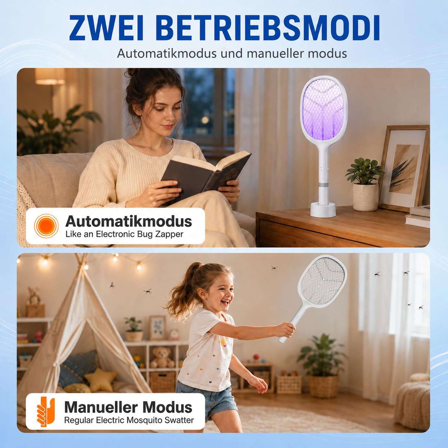 Raquette Electrique Insectes 4800V Tapette Moustique avec Piège Lumière UV Rechargeable USB 2000mAh Blanc