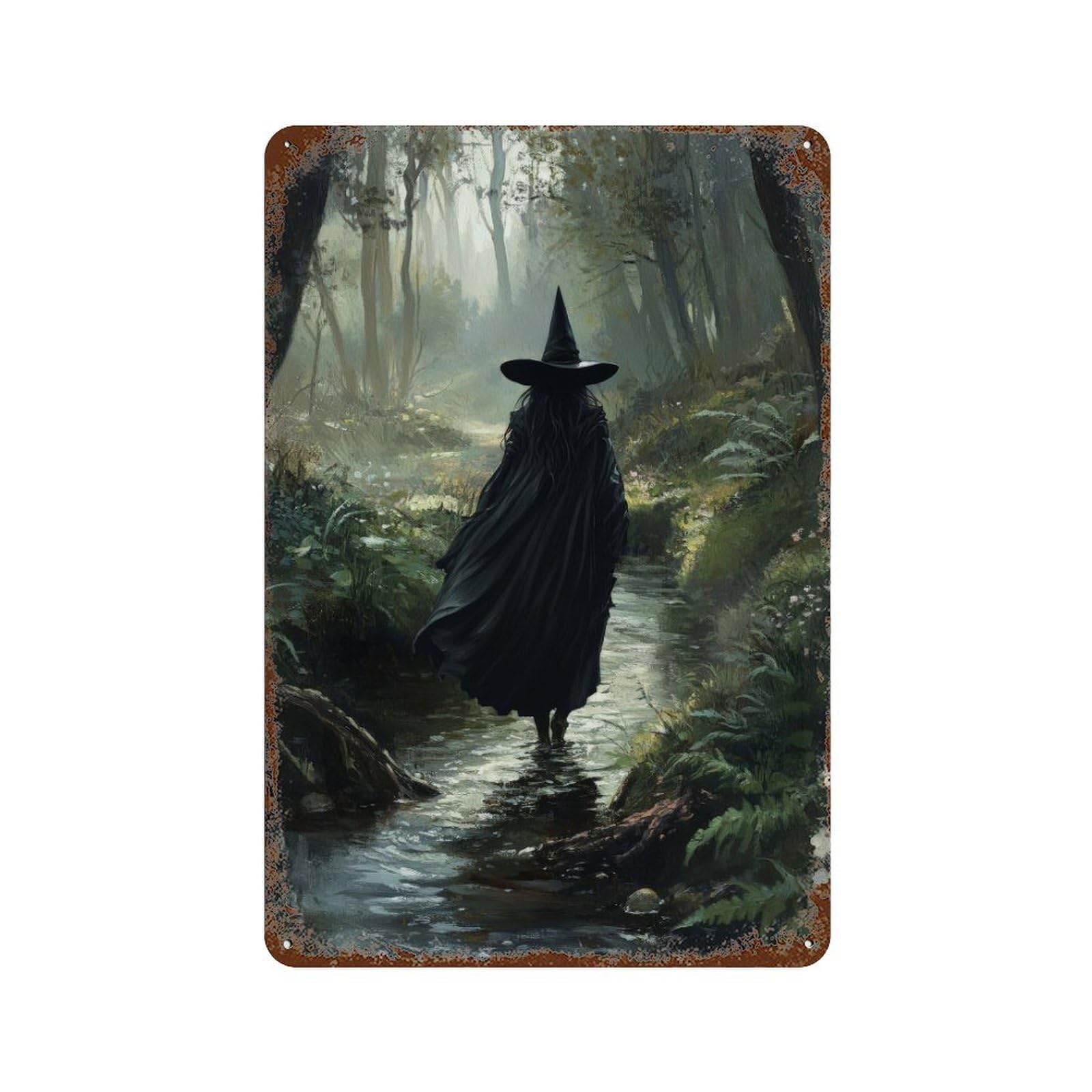 Witch in Creek Dark Academia Witchy Decor Gothic Antique Illustration Victorian Era Rustic Vintage Wall Decor Art Metal Tin Poster Modern Home Decor Art Home Bar Shop Decorations Vintage Sign 30x20cm