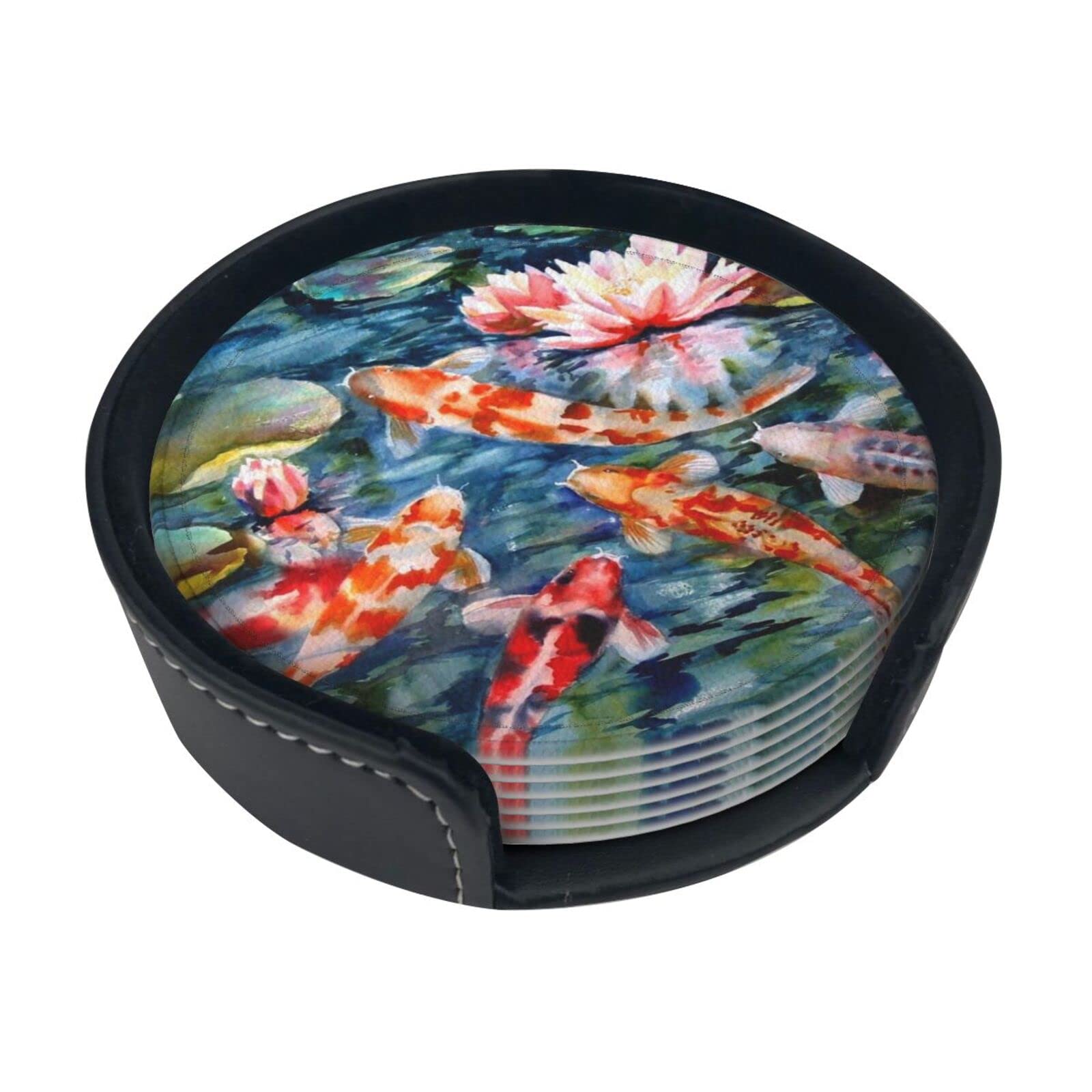 Rfshop #694 Japanese Koi Fish Round Coasters, Leather Drink Coaster Set Of 6 With Storage Box, Home Decor Coaster