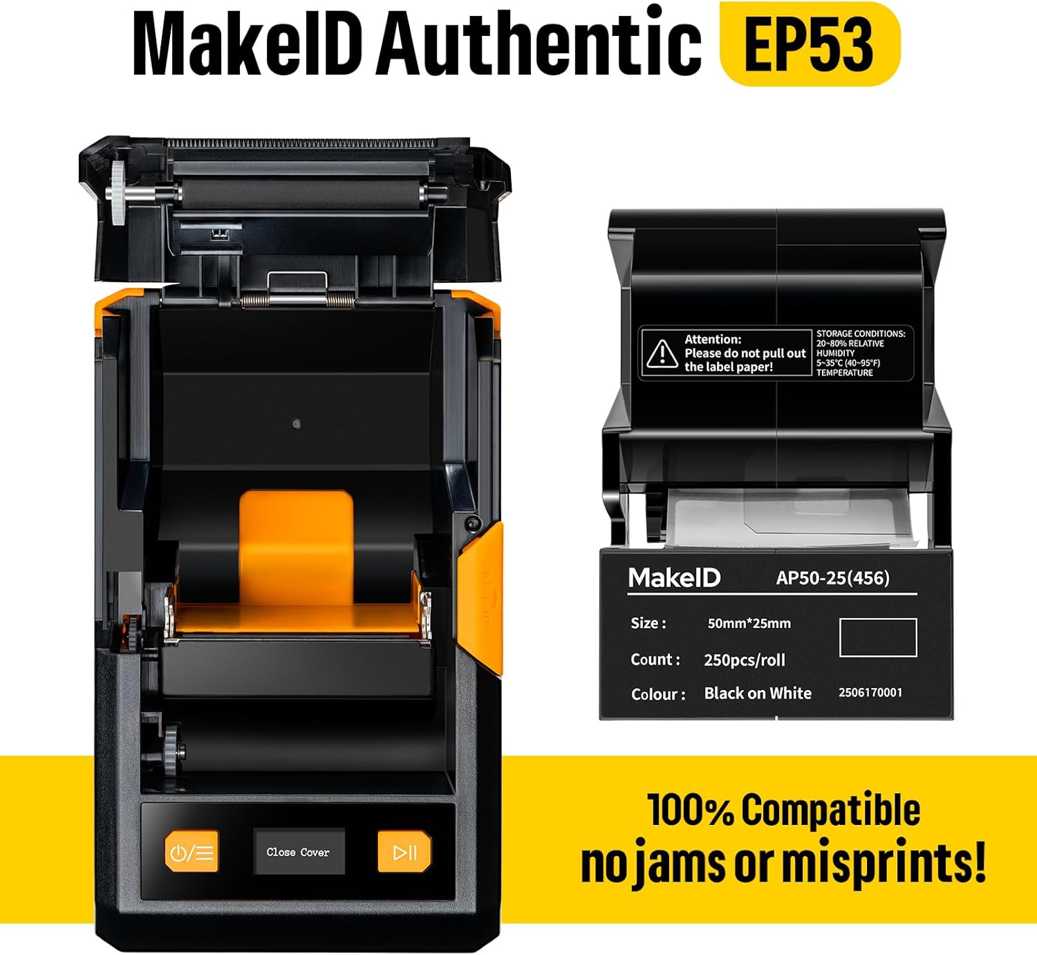 MakeID EP53 label maker with its cover open, showing an installed label cartridge.