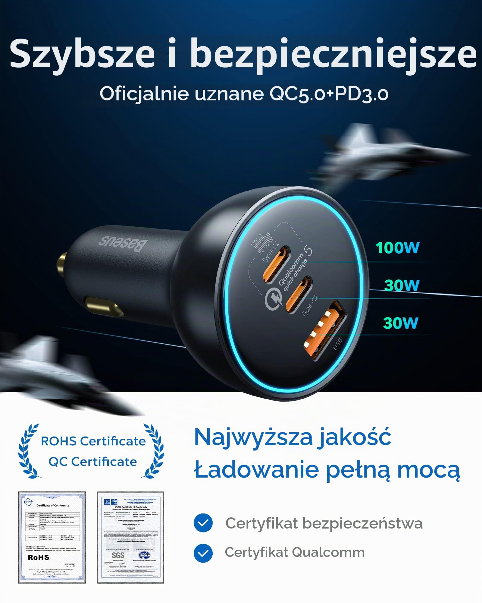 Baseus Ładowarka samochodowa USB C 160 W, QC5.0 PD3.0 100 W + 30 W + 30 W 3 porty Szybkie ładowanie Jednocześnie adapter ładowarki USB do zapalniczki samochodowej kompatybilny z Samsung, iPhone