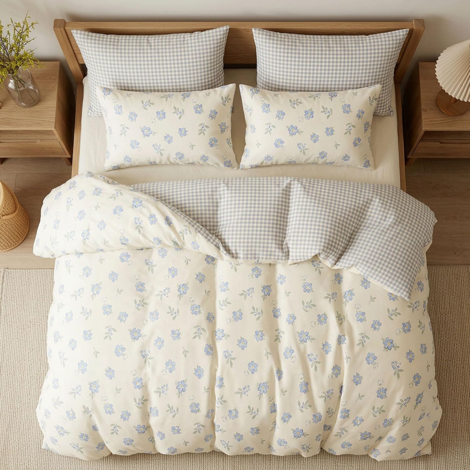 Sedefen Housse de Couette 240x260 Motif Feuilles + 2 Taies d'oreiller 65x65 cm,Vichy Bleu Beige Fleur Parure de lit Adulte 2 Personnes Linge de Lit en Microfibre avec Fermeture Éclair