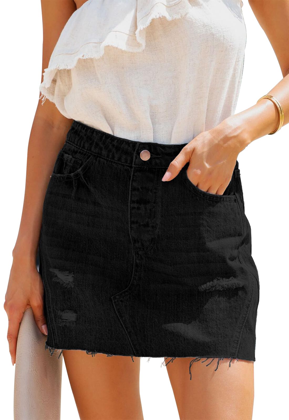 Alaster Queen Minigonna da donna in denim, a vita alta, elasticizzata, aderente, con tasche