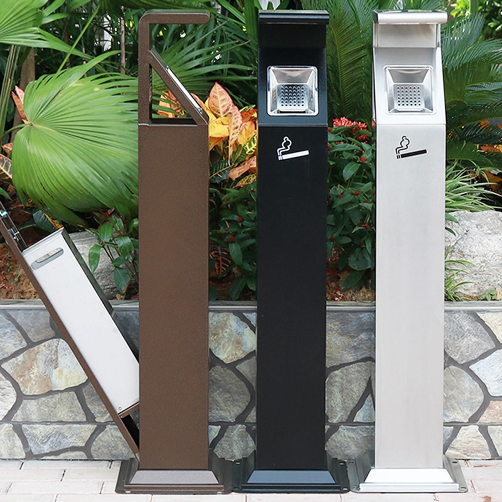 Vertical Metal Paint Ashtray, Ashtray for Outside Patio, Rainproof Outdoor Ashtray with Lid, Ash Tray Outdoors for Open Smoking Area(Black)