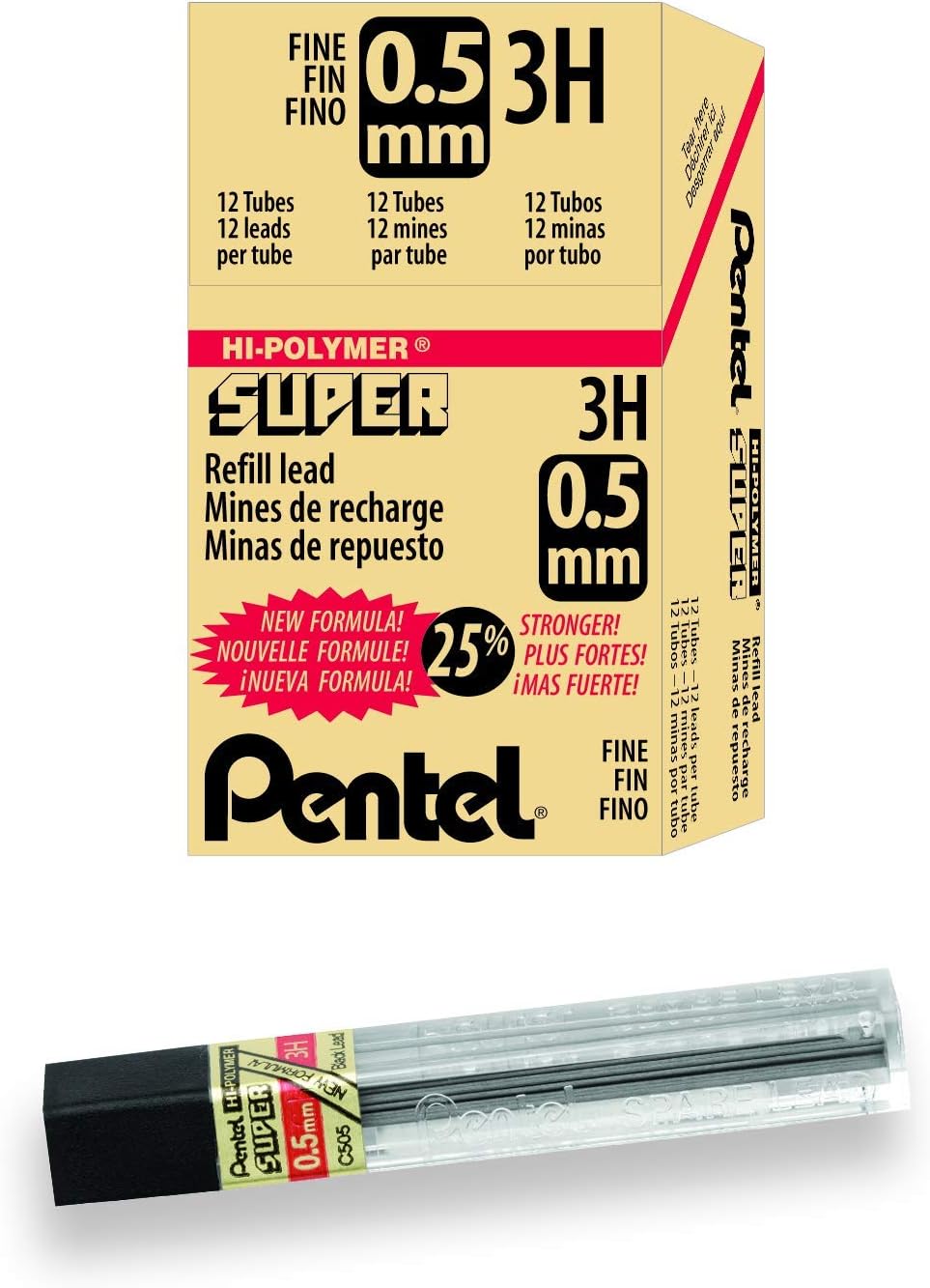 Pentel Super Hi-Polymer Lead Refill, 0.5mm, Fine, 3H, 144 Pieces of Lead (C505-3H),Gray