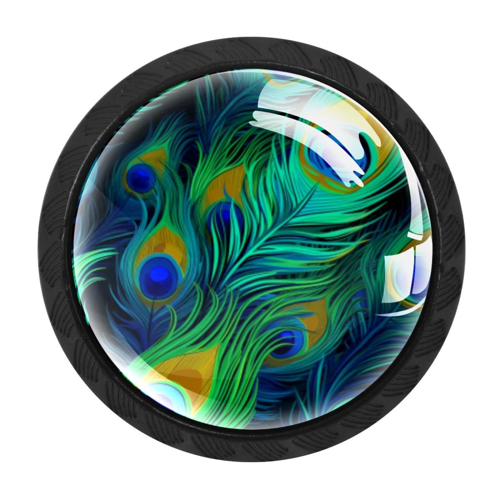 CHENZZZZ 4PCS Peacock Feather Dresser Knob Round Glass Drawer Knobs Pulls Cabinet Handle for Home Kitchen Office Bathroom Wardrobe Cupboard
