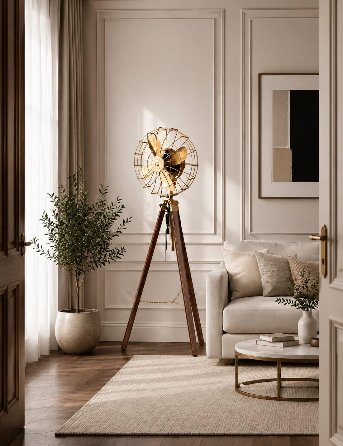 Cozy Lightning Brass Antique Electric Floor Fan on Wooden Tripod Stand | Handmade Vintage Style Modern Twist Pedestal Fan For Home Decor Office (Vintage Style Floor Fan Stand)-image-33