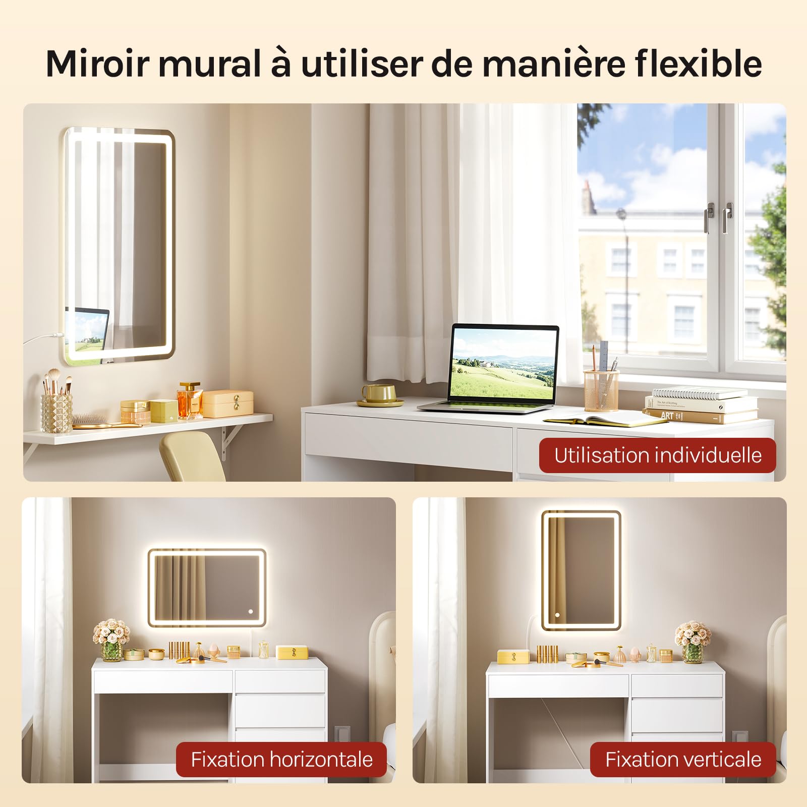 WOLTU Coiffeuse Bureau 2 en 1 avec Miroir LED, 5 tiroirs, Table Maquillage avec Miroir Mural 60x40 cm, 100x45x75 cm, Meuble Chambre Moderne en Bois, Blanc