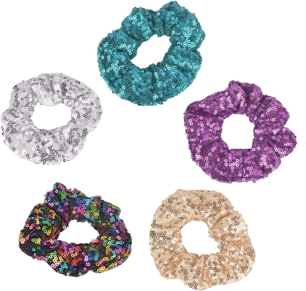 Lurrose 5pcs Sequins Hair Scrunchies Glitter Hair Rubber Band Glow in the Dark Scrunchies Fashion Chiffon Hair Ties Silk Scrunchies Ponytail Holder for Lady Women Girls (As Shown)