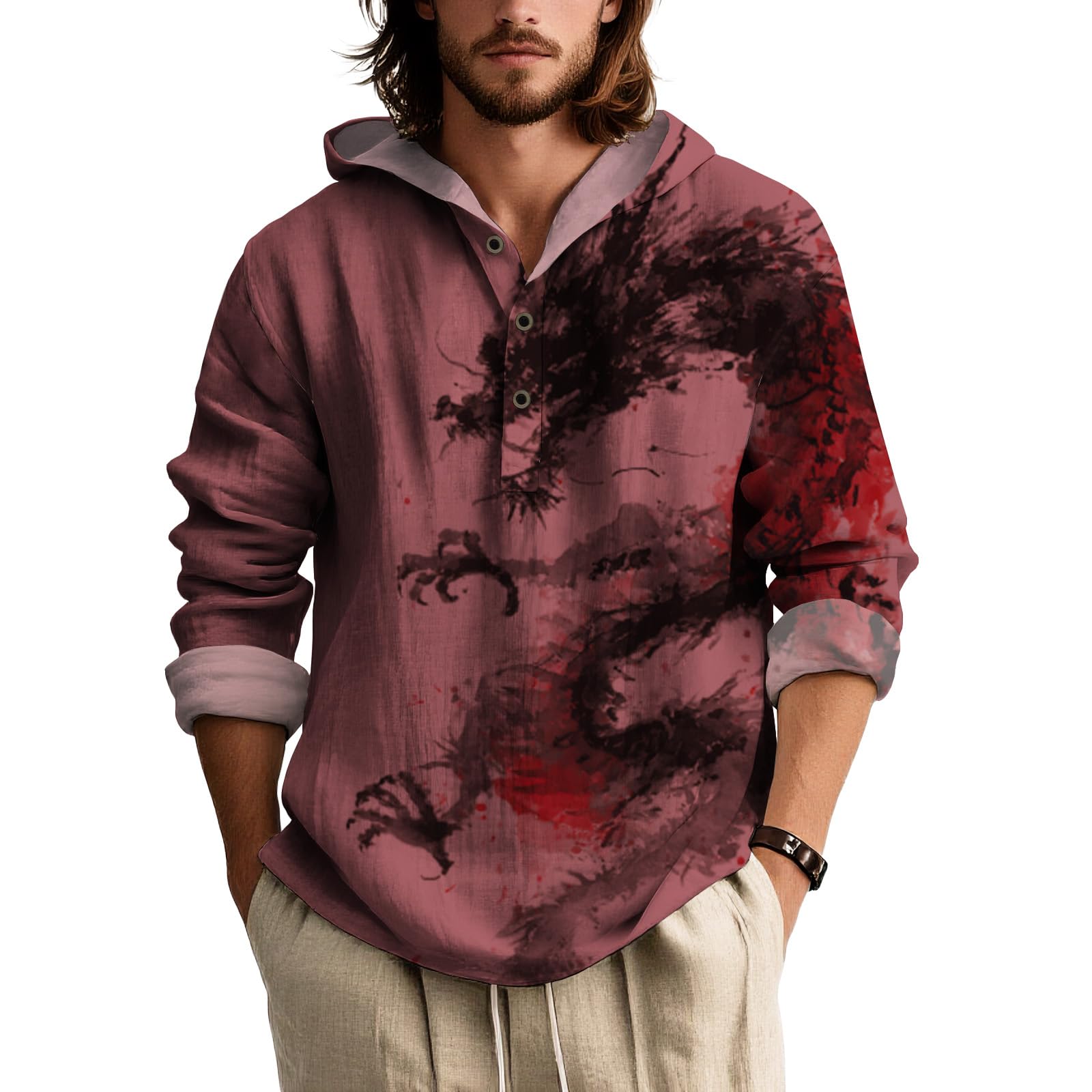 Mens Long Sleeve Print Shirt Stand Collar Button Down Lightweight Oriental Style Fashion Top for Spring Summer