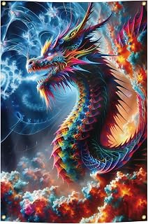Dragon Flag Fantasy Colorful Dragon Teng Art Decoration Flag 4x6FT (120x180cm) Bright and eye-catching colors Party Bedroom Living Room Office Fantasy Wall Art Poster Wall Flag (Dragon Color)