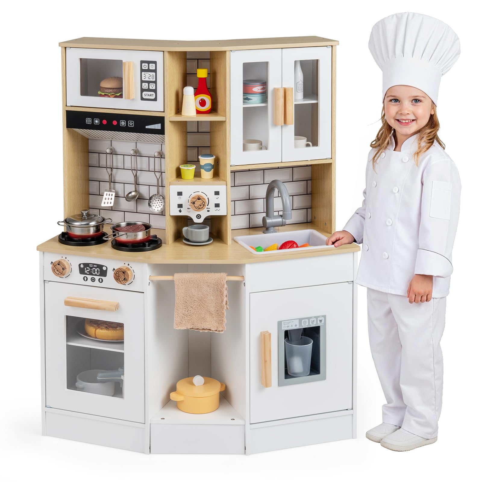 COSTWAY Cucina Giocattolo per Bambini, Cucinetta in Legno con Suoni e Luci, Fornello, Lavandino, Macchina del Caffè, Gioco Cucina di Ruolo per Bambini 3+ Anni (Naturale)