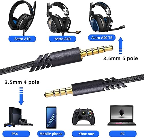 Miniatura 3 de LecLooc Cable de repuesto para cable Astro A40, cable trenzado de auriculares A10, cable de control de volumen de 6.5 pies6.6 ft compatible con