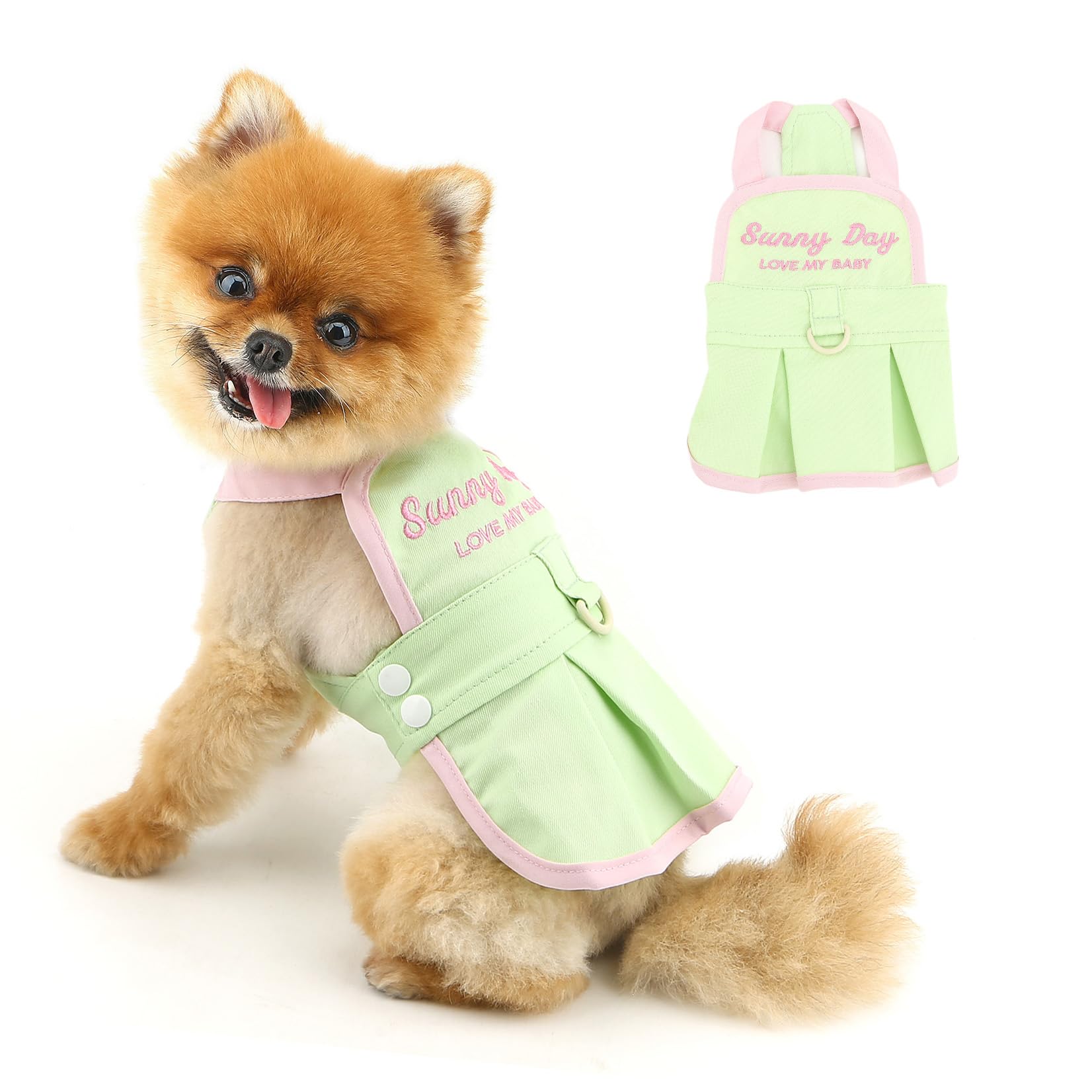 PAIDEFUL Denim Dog Dress for Small Dogs Cute Pet Princess Skirt Summer Sweet Puppy Jean Sundress with Embroidery Soft Lightweight Doggie Strap Clothes Fashion Cat Chihuahua Apparel D-Ring,Green,M