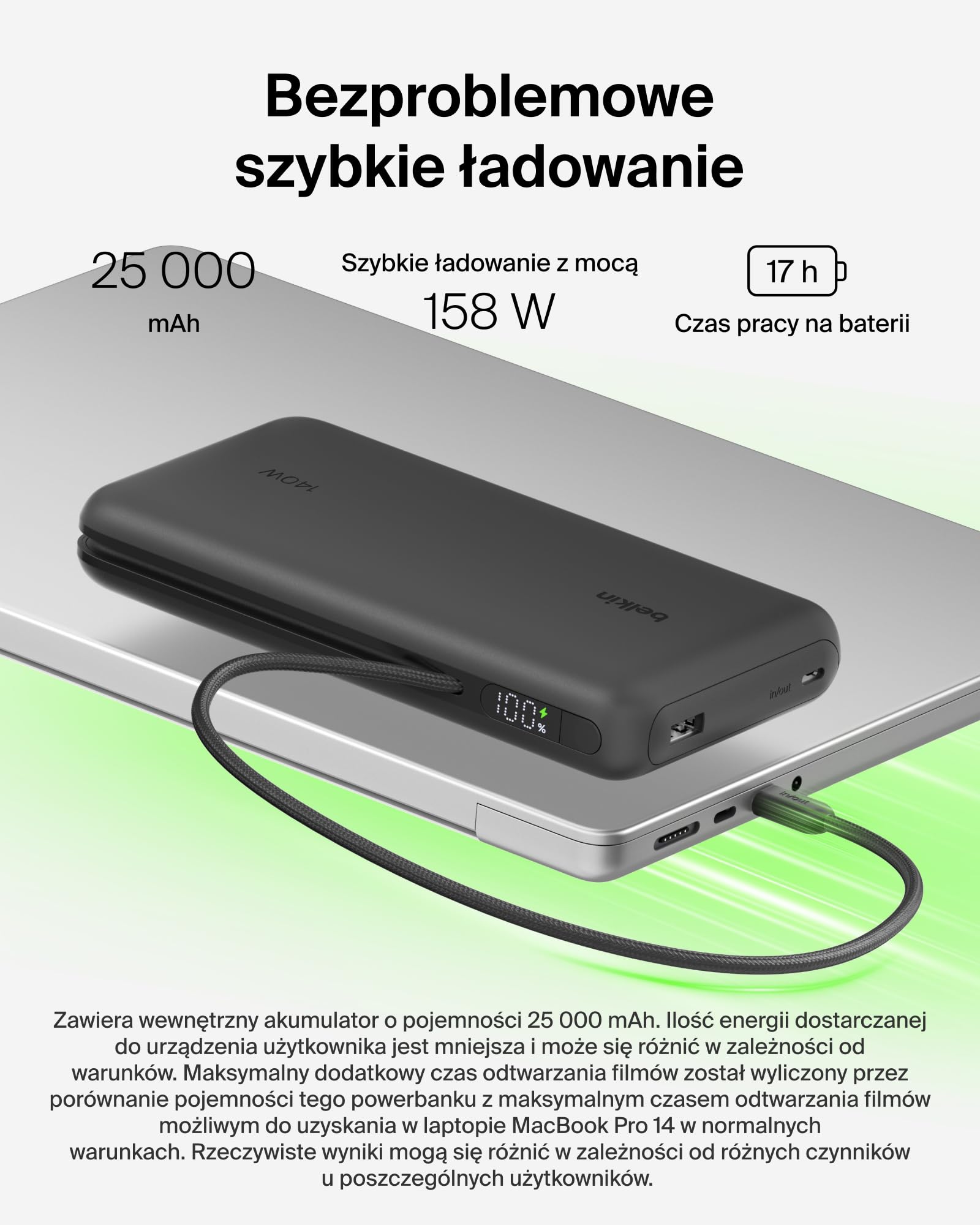 Belkin UltraCharge Pro Powerbank 25 000 mAh do Laptopów – Czarny | Powerbank 25 000 mAh, 1 Port USB-C, 1 Port USB-A i Kabel USB-C, 158 W Power Delivery, Wstępnie Naładowany, Wyświetlacz