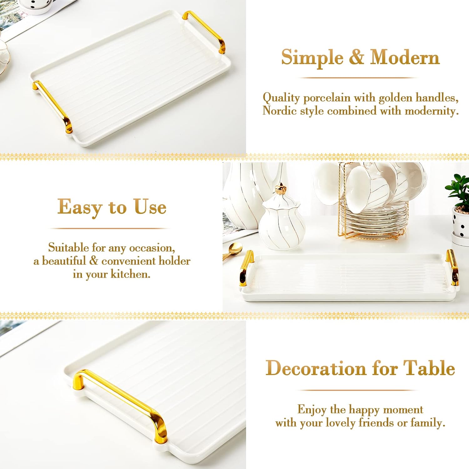 DUJUST Porcelain Serving Tray with Golden Handles, Modern Nordic Style Coffee Table Tray, Beautiful Tea Tray Decor for Living Room, Easy to Use & Clean