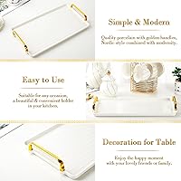 Vista 3 de DUJUST - Bandeja de servir de porcelana con asas doradas, bandeja de mesa de café de estilo nórdico moderno, hermosa bandeja de té decorativa