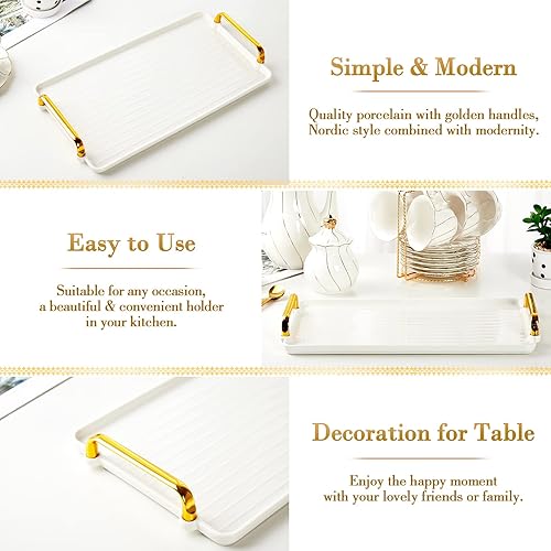 Miniatura 3 de DUJUST Porcelain Serving Tray with Golden Handles, Modern Nordic Style Coffee Table Tray, Beautiful Tea Tray Decor for Living Room, Easy to Use &