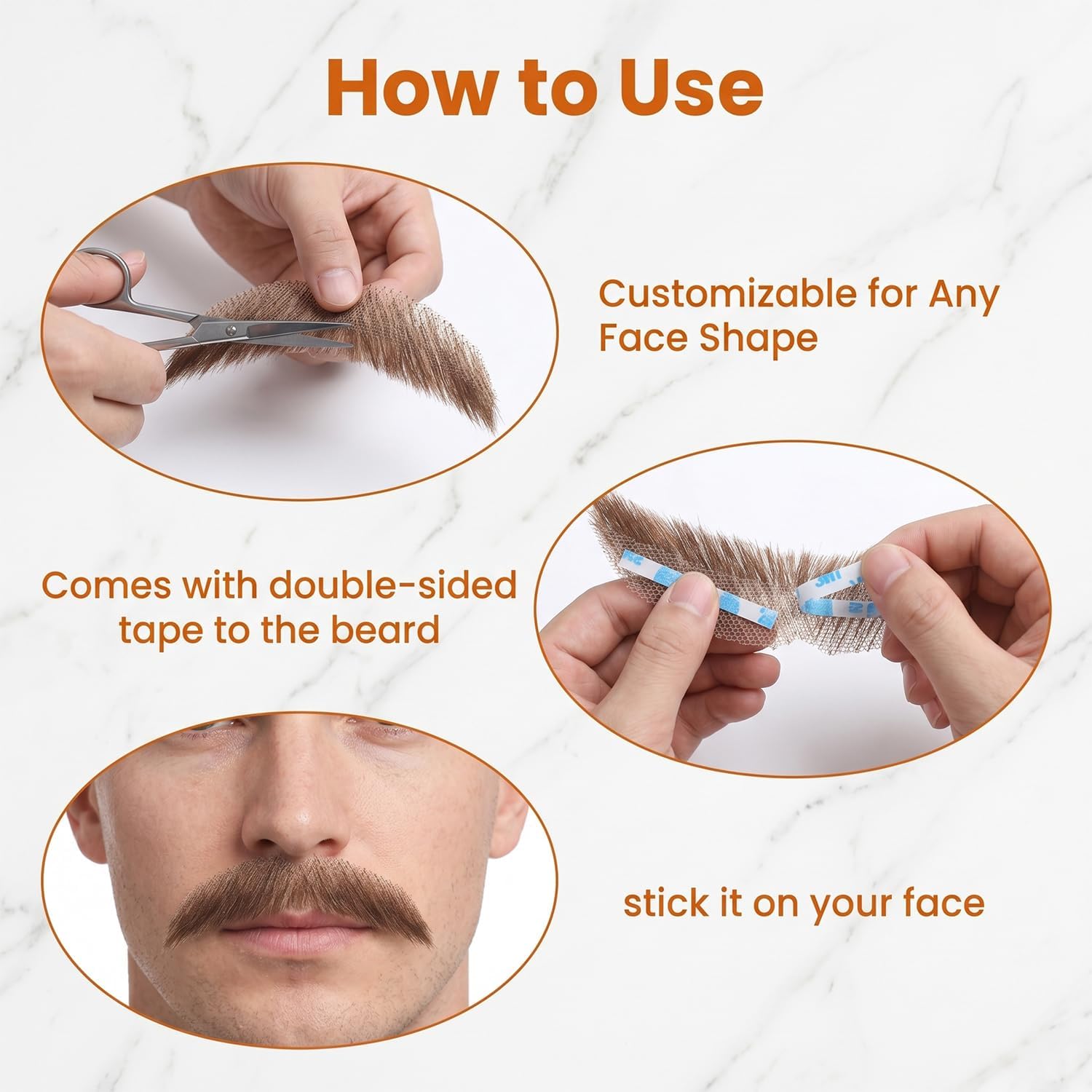 Fake Beard & Mustache - 100% Human Hair, Hand-Tied on Breathable Lace. Natural Facial Hair for Cosplay, Theater & Daily